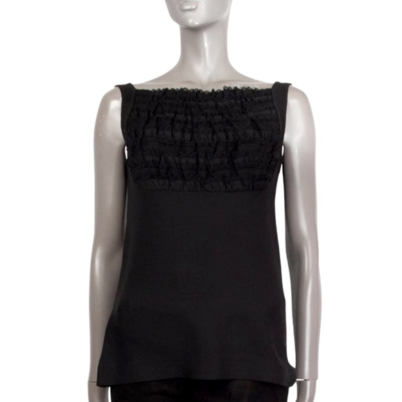 PRADA Black Bateau Neckline Lace Trim Ruffle Blouse in Wool and Silk, size 44 - Picture 1 of 16